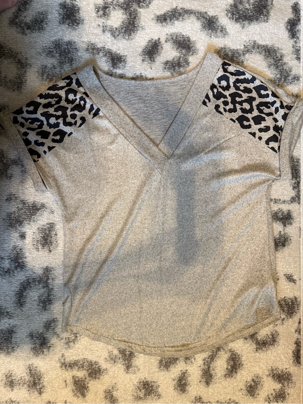 Heather Gray V-Neck Top with Leopard Shoulder Accents